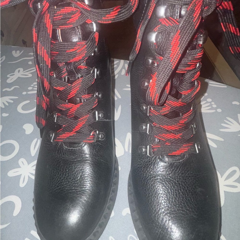 Black Leather Boots with Red Laces Gentle Soles